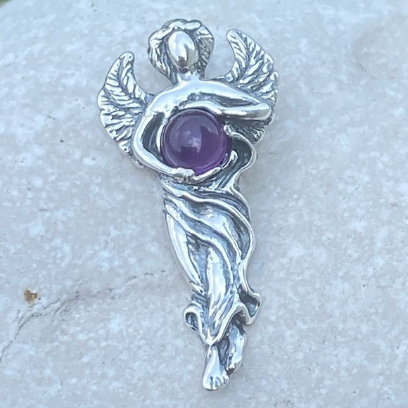Dream Angel Pendant solid .925 Sterling Silver w/ genuine Amethyst made in USA - Picture 6 of 12